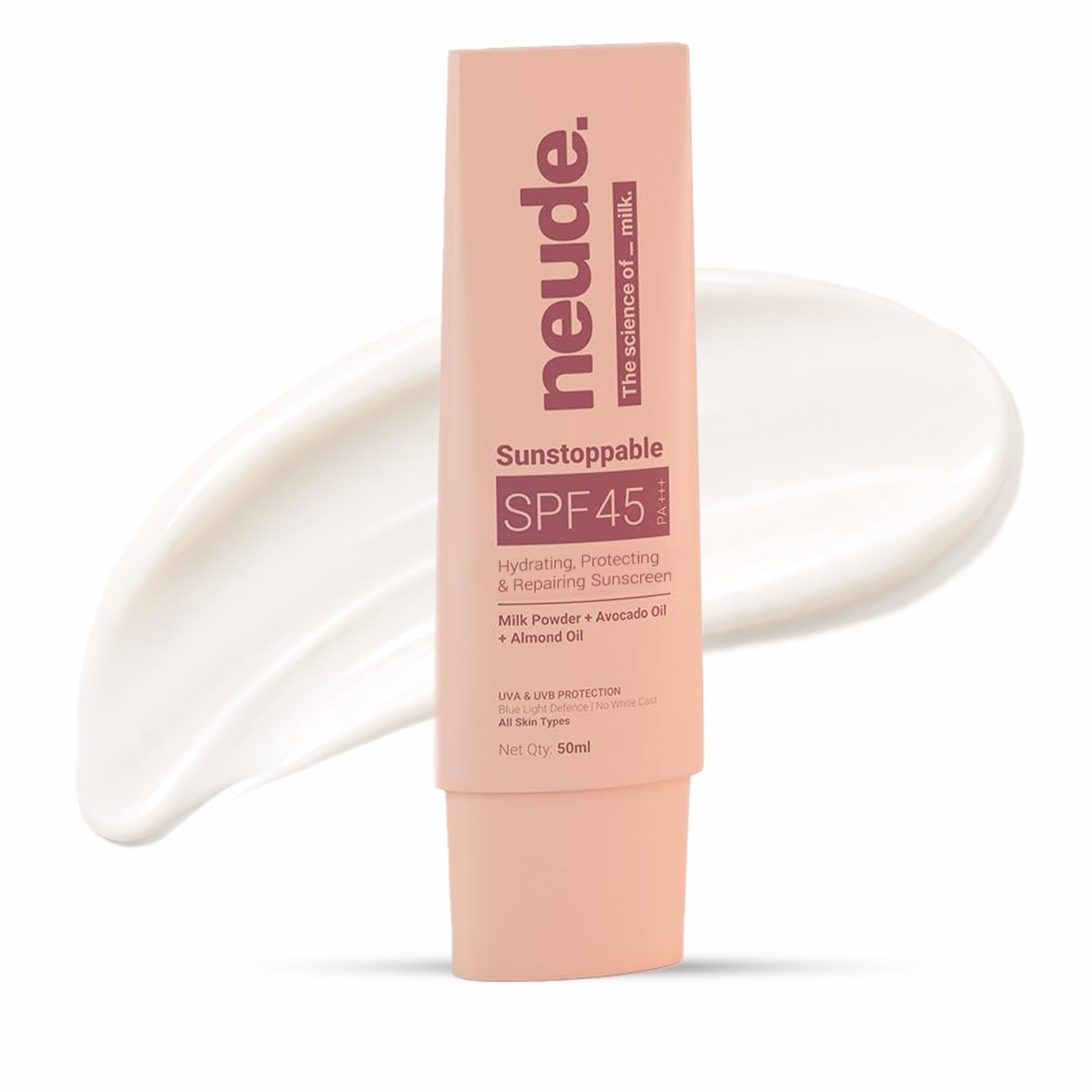 Be Neude SPF 45 Sunscreen 50 ml PA+++ with Zinc Oxide Avocado Oil and Milk No White Cast Broad Spectrum Daily Moisturizer for Me