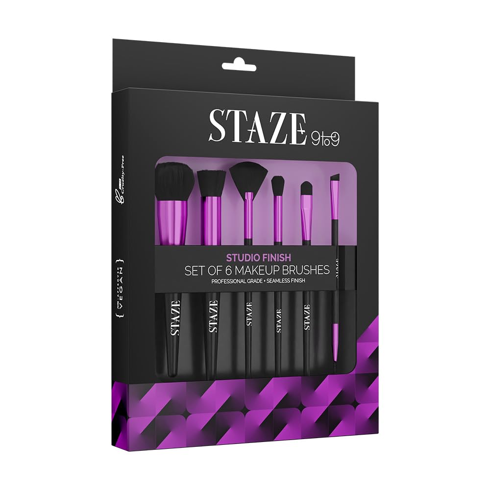 Staze 9To9 Studio Finish Professional Grade + Seamless Finish Set Of 6 Makeup Brushes | Soft & Comfortable