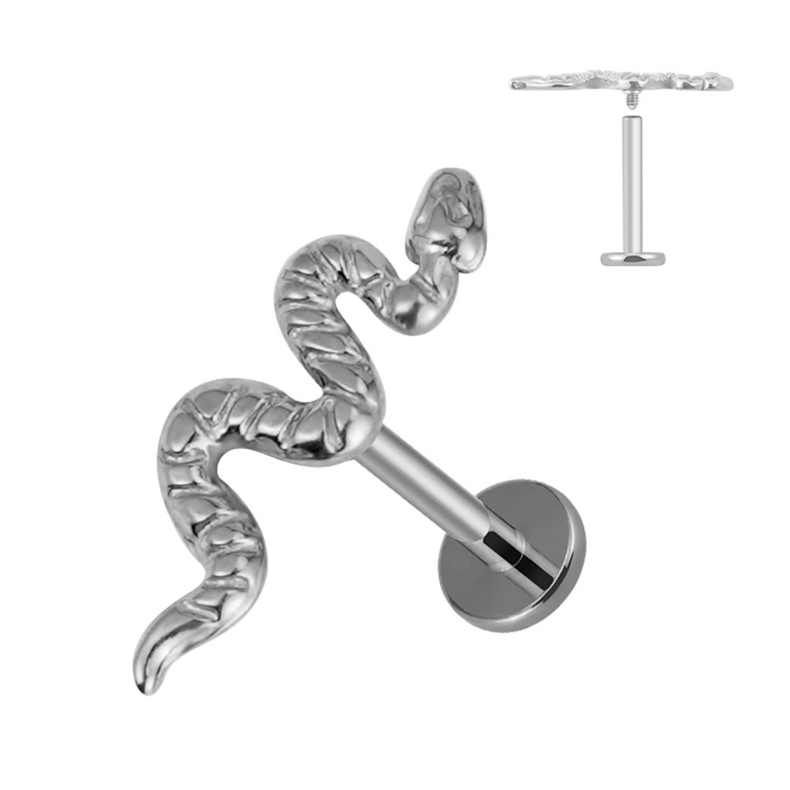 FINE4U 16G Snake Piercing Jewelry for Conch, Tragus, Helix - ASTM F136 Titanium Hypoallergenic Cartilage Earring, Internally Thr