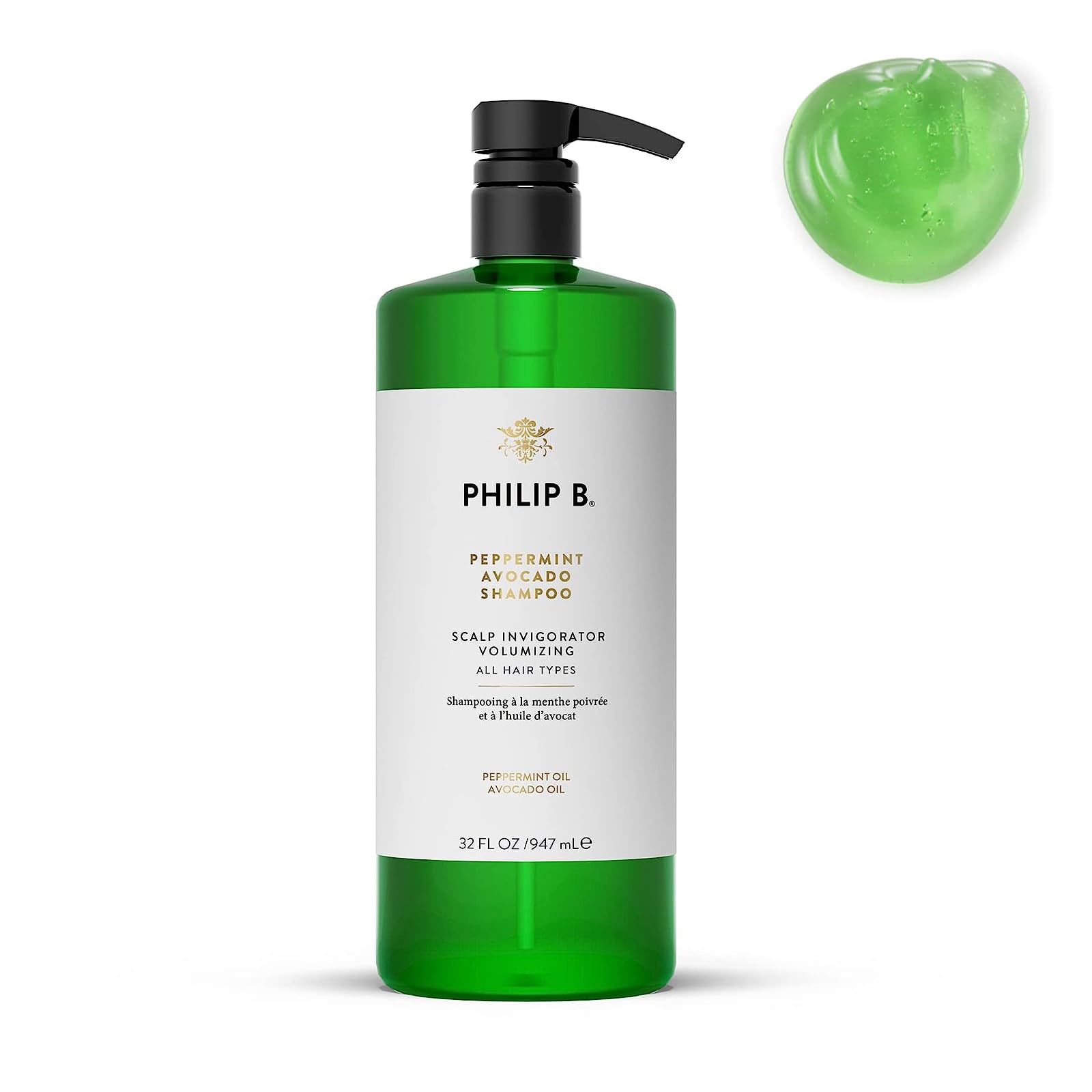 PHILIP B Peppermint Avocado Shampoo, 32 fl. oz. (947 ml) - Volumizing & Clarifying Shampoo for Dry to Oily Hair and Scalp, Non-S