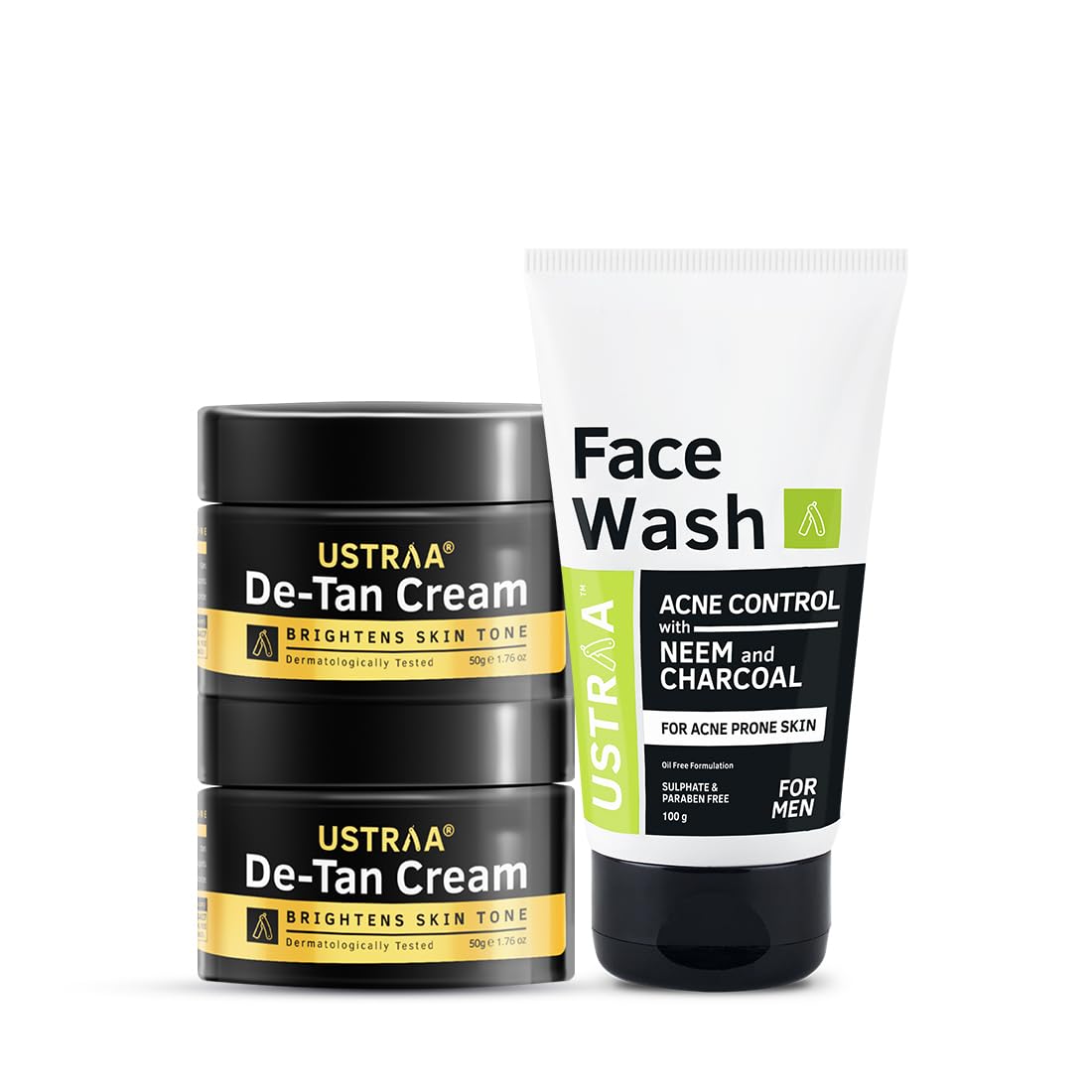 Ustraa Face Wash Acne Control  With Neem & Charcoal  100G  Oil Control, Prevents Acne & DeTan Face Cream For Men  50G X 2 