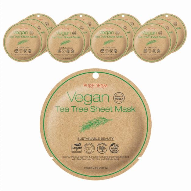 Purederm Vegan Tea Tree Sheet Masks (12 Packs) - Facial Sheet Mask For Calming & Trouble Reducing Treatment