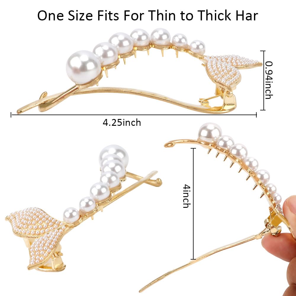 Ahoney 4 Pack Pearl French Hair Clips Fishtail Twist Hair Clip For Thich Hair Metal Hair Pin Banana Clips Gold Claw Clips Flat H