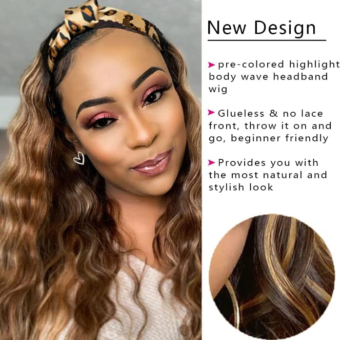 Higher Ombre Headband Wig Human Hair 20 Inch Body Wave #4/27 150% Density Glueless for Black Women