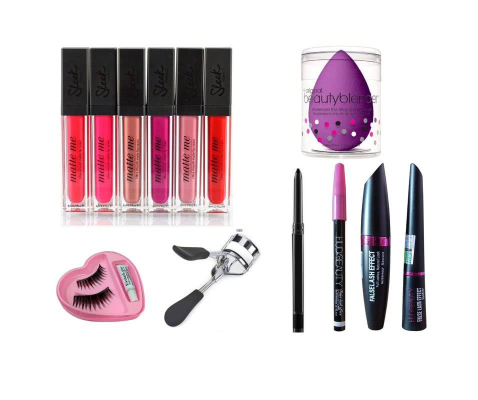 Glowhouse 6 Pcs Liquid Matte Lipstick,Mascara,Eyeliner,Eyebrow Pencil,Kajal 1 Makeup Sponge,Eyelashes,Eyelash Curler (Set Of 13)
