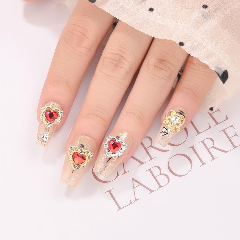 10Pcs Heart Nail Charms Red Heart Nail Rhinestones Valentine'S Day Nail Charms For Nail Art, 3D Crystal Alloy Gold Silver Heart