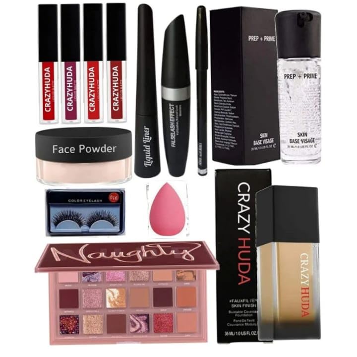 Crazy Huda Combo Lipsticks 4 Pcs, Kajal Liner Mascara, Prep + Prime Primer, Loose Face Powder, Eyelash, Makeup Blander, Eye Shad