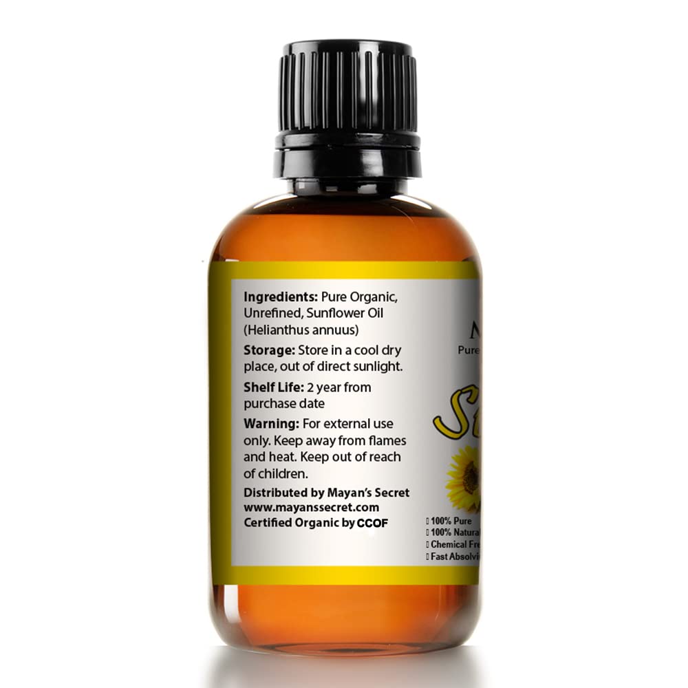 Mayan's Secret SUNFLOWER SEED OIL - 4oz size | All Natural Cold Pressed USDA Certified Organic - High Linoleic | Best for Acne P
