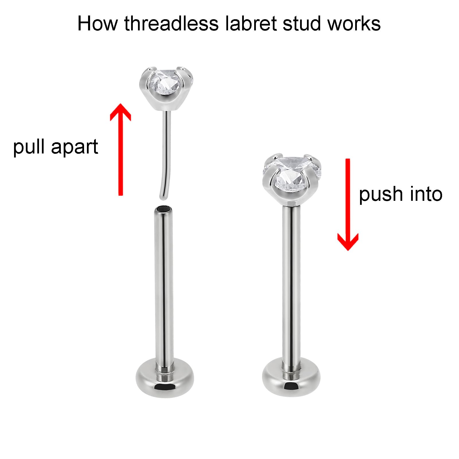 NewkeepsR 2PCS-1.0mm(18g) Implant Grade Titanium Press Fit Threadless Push Pop In 2.5mm CZ Top Labret Lip Nose Earring Studs Pie