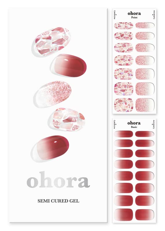 ohora Semi Cured Gel Nail Strips (N Brilliant) - Red, Patterned, Works with Any UV/LED Nail Lamps, Salon-Quality, Long Lasting, 