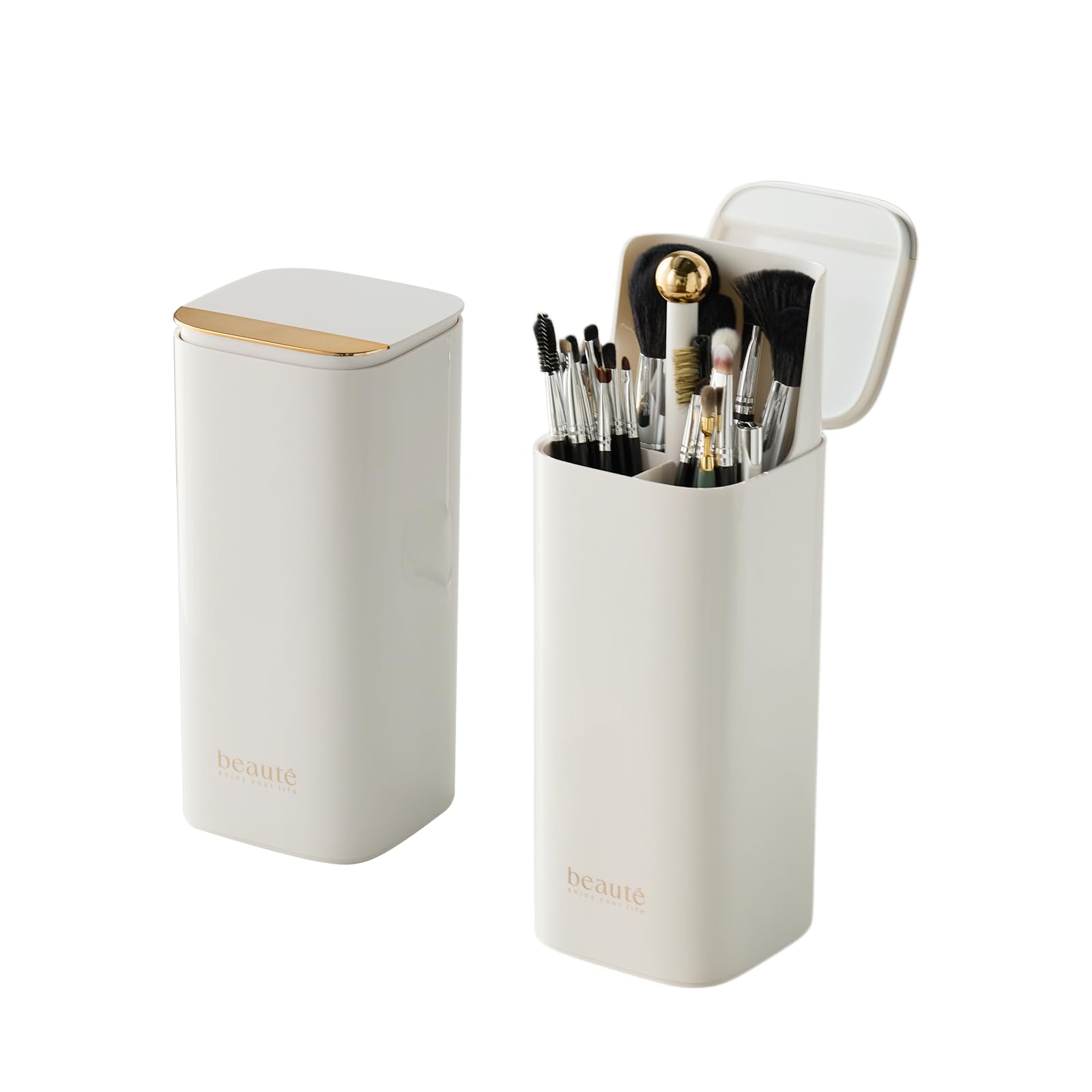 Makeup Brush Holder with Lid Cosmetic Tools Organizer,One Touch Open 4 Slot Makeup Brush Case with Waterproof Dustproof, Cosmeti
