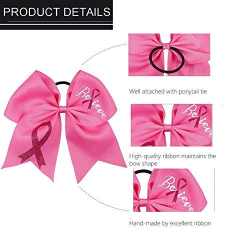 10pcs Breast Cancer Awareness Cheer Bows,7 Inches Pink Cheer Bows For Girls Women In October Cheerleading Hair Elastic Bands