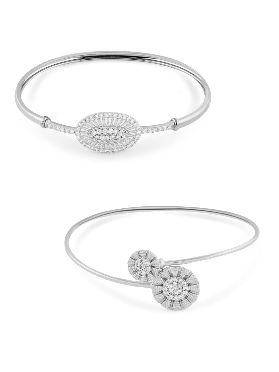 Ami Combo of 2 Silver Tone Cubic Zirconia Brass Bangle Style Kada Bracelet For WomenZPFK19906