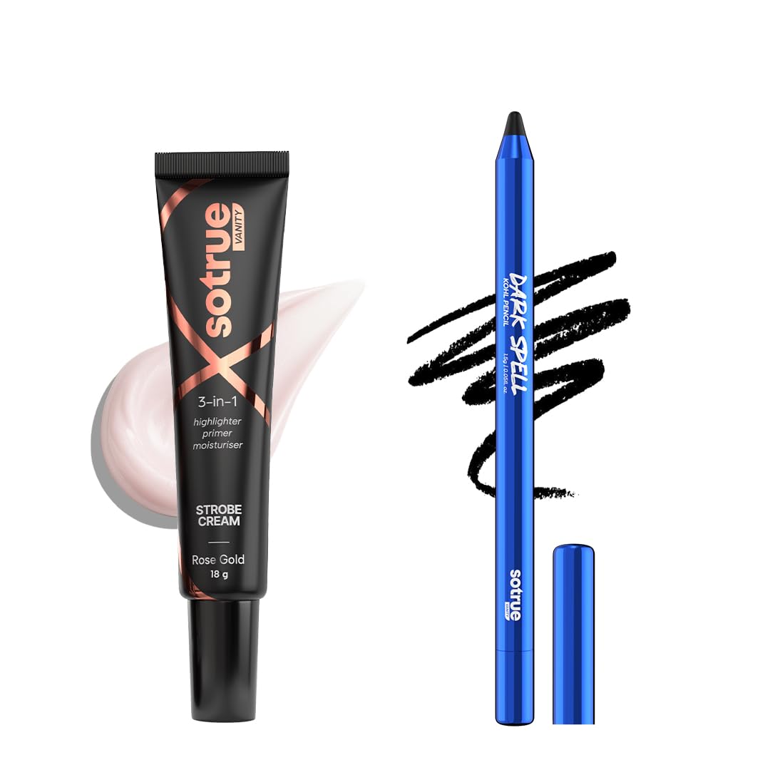 Sotrue Dark Spell Kohl Kajal + Rose Gold Radiance Multipurpose Strobe Cream Combo | 24H Smudgeproof Kajal, Instant Glow | Waterp