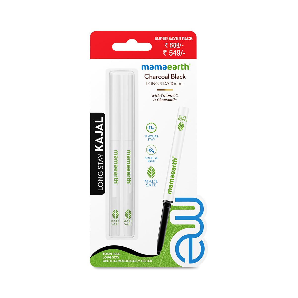 Mamaearth Pack Of 2 Charcoal Black Glossy Long Stay Kajal Pencil With Vitamin C & Chamomile For 11-Hour Smudge-Free, Waterproof 