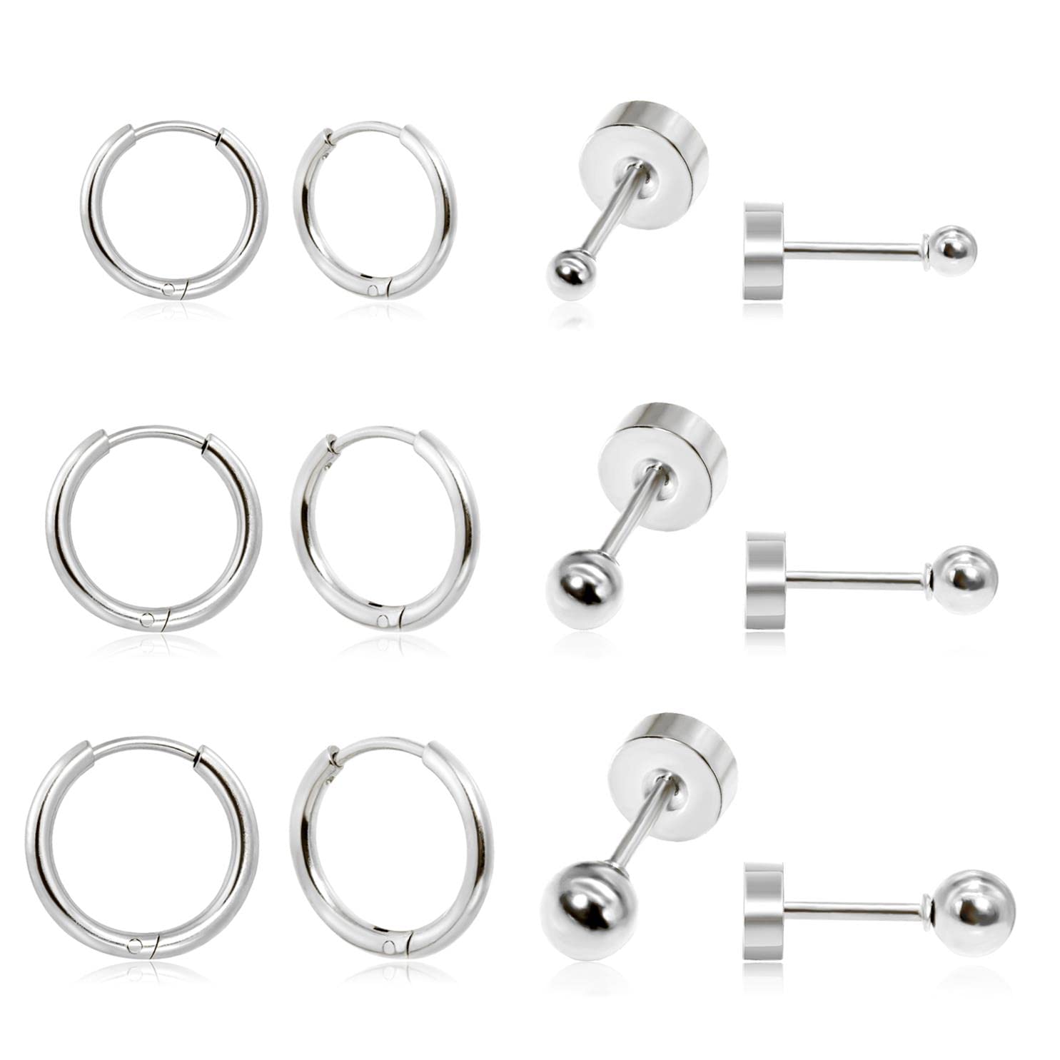 Sweetkiki 6 Pairs Earrings Sets for Multiple Piercing, Lightweight Silver Small HuggieHoop Earrings, Flat Back Tiny Ball Stud Ea