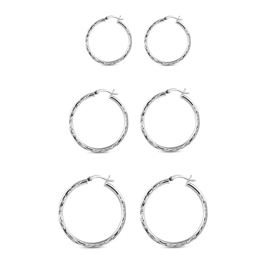 Charmsy Valentines Day Earrings Set of 3 Pairs 925 Sterling Silver Hoop Earrings for Women | 2.5mm Tube Diamond-Cut Round Click 
