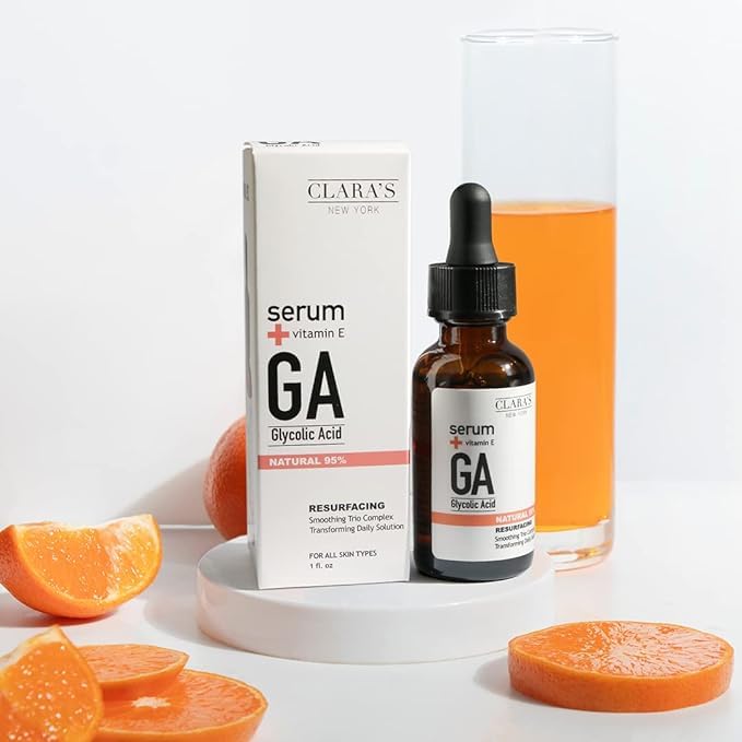 CLARA'S NEW YORK Glycolic Acid Facial Serum with Vitamin E for Exfoliating Smoothing Glowing Face Skin - Made in USA 30ml (1Fl/O