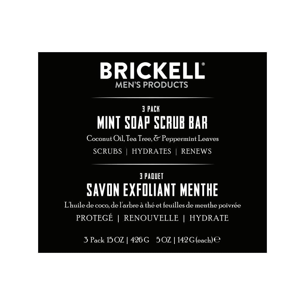 Brickell Men's Mint Soap Scrub Bar for Men (3 Pack), Natural and Organic Exfoliating Bar Soap Handmade with Tea Tree, Coconut an