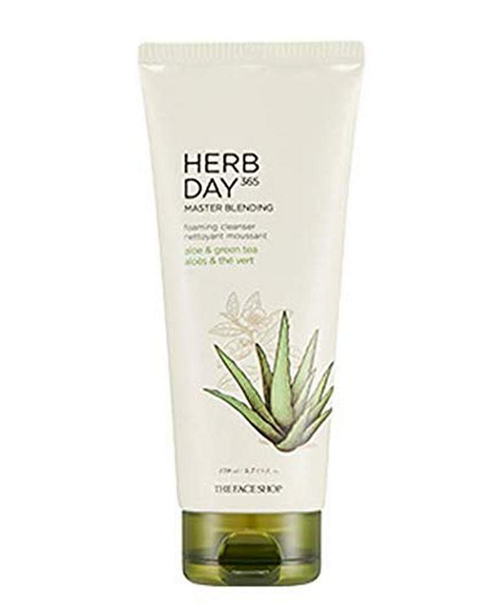 The Face Shop Herb Day 365 Master Blending Cleansing Foam Aloe & Green Tea | Hydrating & Soothing Skin After Cleaning | Facial C