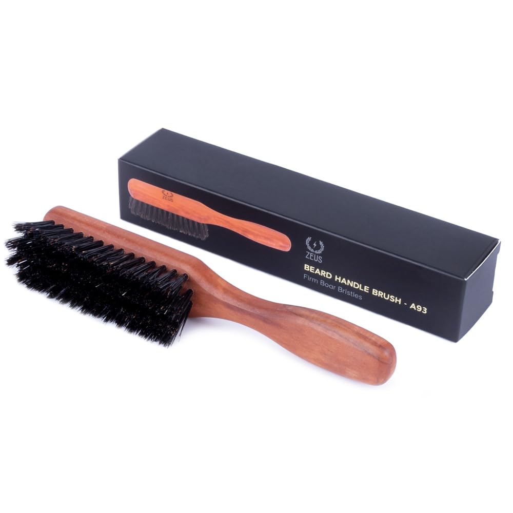 ZEUS Boar Bristle Beard & Mustache Brush with Extended Handle, Large 6 Firm-Bristle Beard Brush with Handle for Men (Made in Ger