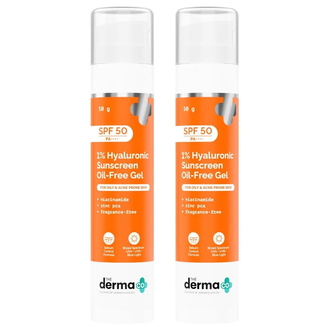 The Derma Co 1% Hyaluronic Sunscreen OilFree Matte Gel Spf 50 Pa++++ | For Oily, AcneProne Skin | Lightweight Texture | No Whi