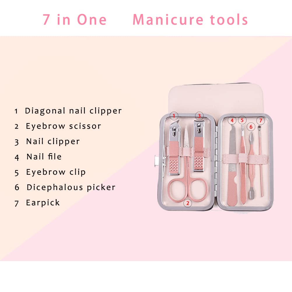 Pink Manicure Set Beauty Tool Portable - Nail Clipper Pedicure Grooming Kit Stainless Steel 7 In 1 Luxury Leather Travel Case, F