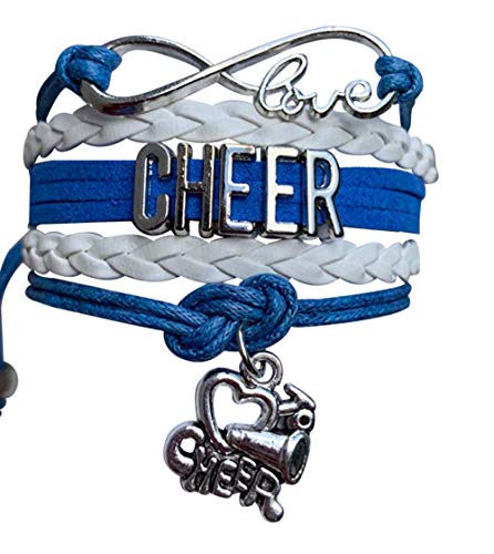 Cheer Bracelet- Cheerleading Charm Infinity Bracelet- Cheer Jewelry - Gift For Cheerleader, Cheer Team or Team (Blue/White)
