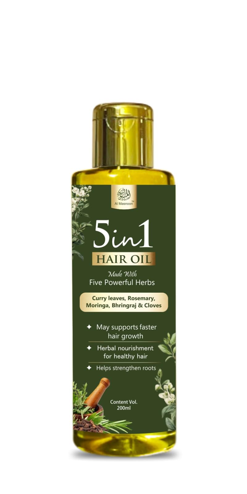 al masnoon 5 in 1 Herbal Hair Oil with Curry Leaves, Rosemary, Clove, Moringa & Bhringraj  100% Natural, Mineral Oil Free, Hair