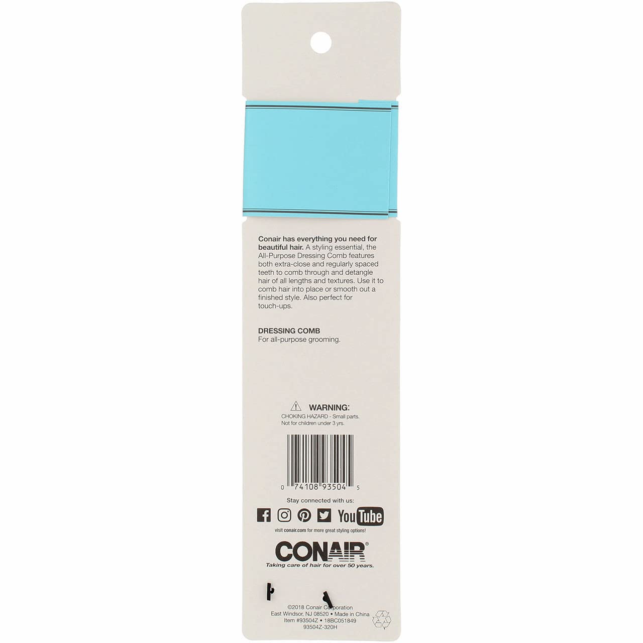 Conair Dressing Comb - 1 Count, Black, Model 074108935045