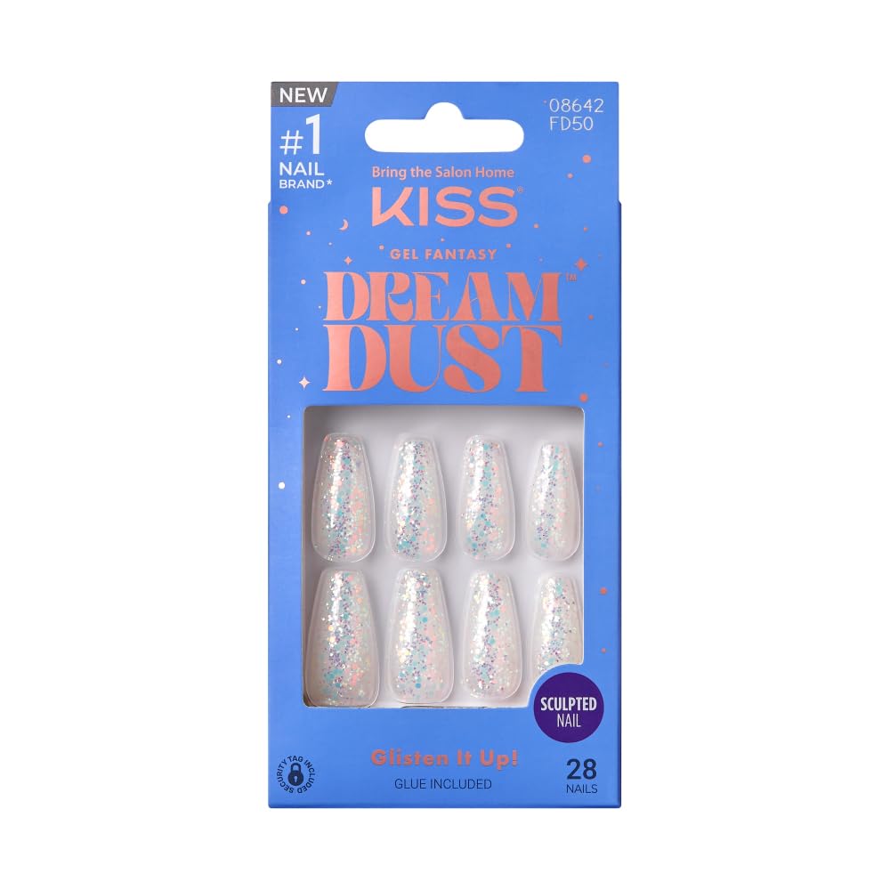 KISS False Nails Kit, Dreamdust Ready to Wear Gel Sculpted Nails, Stick and Glue Included, Long Length, Square Shape with Glitte