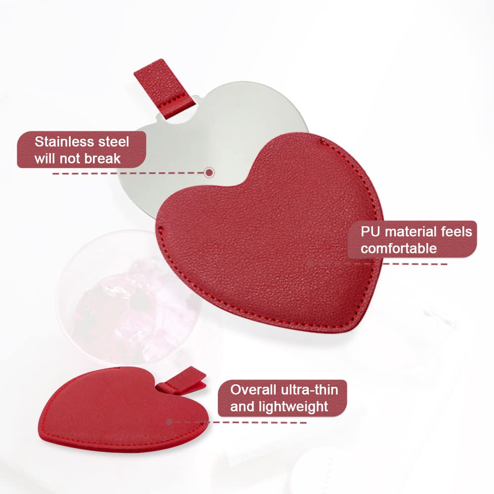 Compact Stainless Steel Mirror, Heart Shaped Shatterproof Pocket Mirror with PU Leather Sleeve, Mini Unbreakable Purse Mirror Po