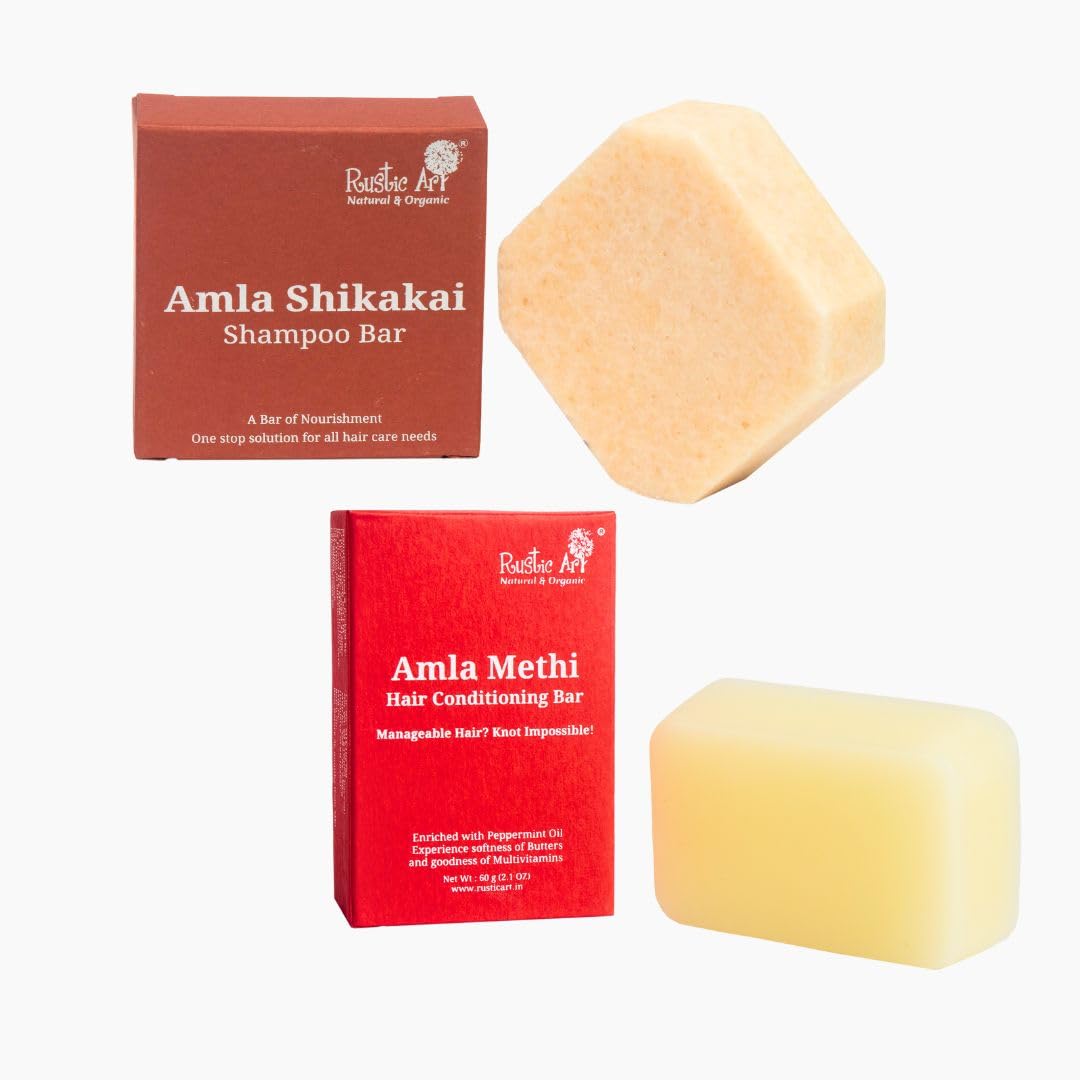 Rustic Art Amla Shikakai Shampoo Bar + Amla Methi Conditioning Bar | Herbal 2Step Hair Fall Control & Nourishment | Sulphate & 