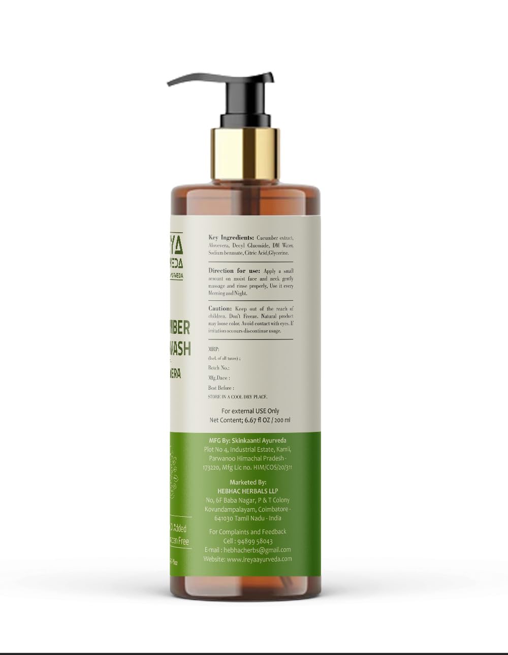 Ireya Ayurveda Cucumber Aloe Vera Face Wash 200ml (6.76oz) Face Wash for men and women Made With Cucumber extract & Aloe vera ge