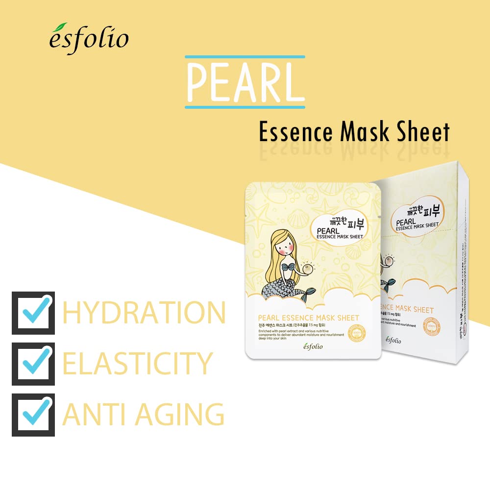 Esfolio Pure Skin Mask Box - Pearl Essence Sheet Mask Set, Hydrating & Nourishing Korean Face Masks, Revitalizing Skincare For S