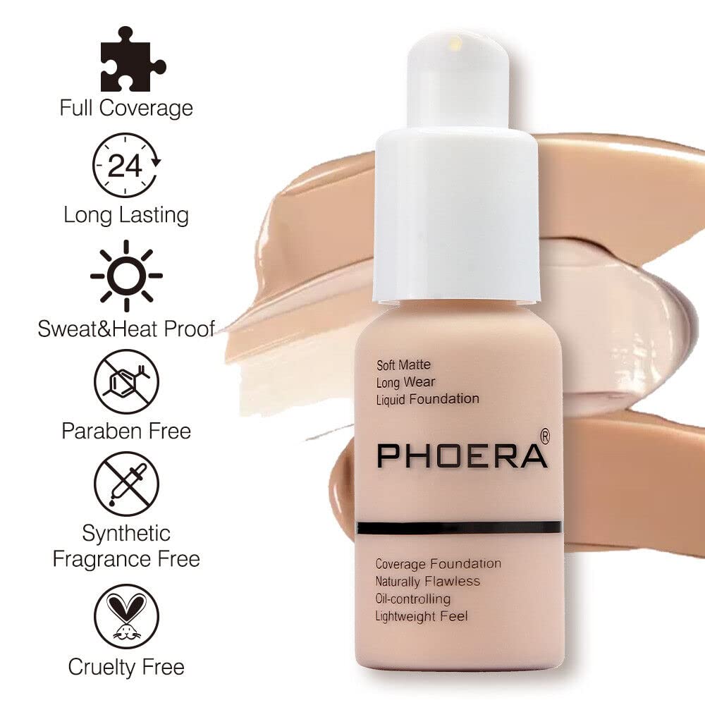 Phoera Full Coverage Foundation Soft Matte Oil Control Concealer 30ml Flawless Cream Smooth Long Lasting aq (105 SAND)