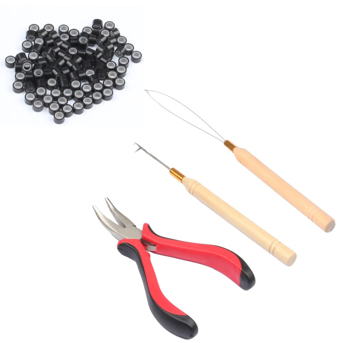 FeiHong Micro Links Hair Extensions Tools Kit, 200 Pieces Silicone Lined Micro Rings Bead, Plier, Hair Pulling Hooks and Beads D