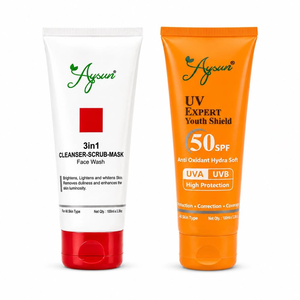 Aysun 3 In 1 Cleanser Scrub Mask Face Wash & Uv Expert Youth Shield Spf 50 Sunscreen Combo | Deep Cleansing, Exfoliating & Brigh