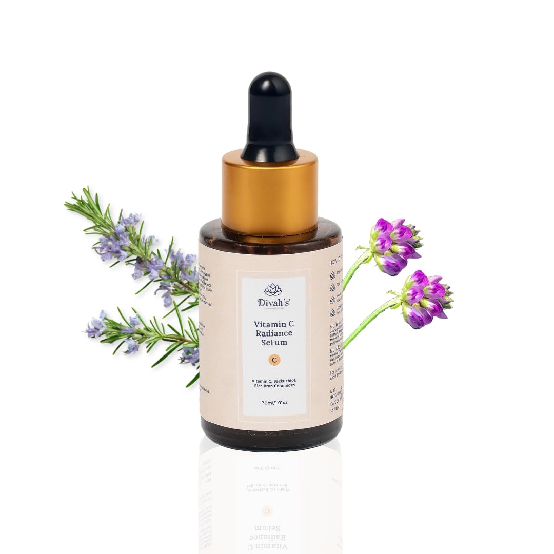 DivahS Vitamin C Radiance Serum For Face Brightening Glow Skin Dark Spots Pigmentation Anti Aging With Bakuchiol Ceramides Rice 