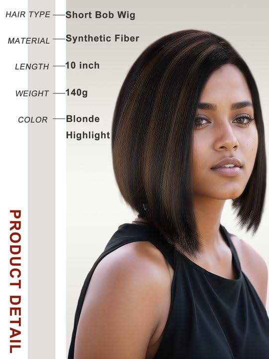 Forfeels Brown Bob Wig 10 Inch Synthetic Straight Wig With Side Part Natural Looking Heat Resistant Wig With Highlights For Wome