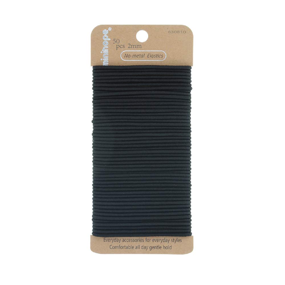 Minihope No-Metal Girls Elastic Hair Ties, Women'S Black Elastics, 2Mm Hair Elastics 50 Count