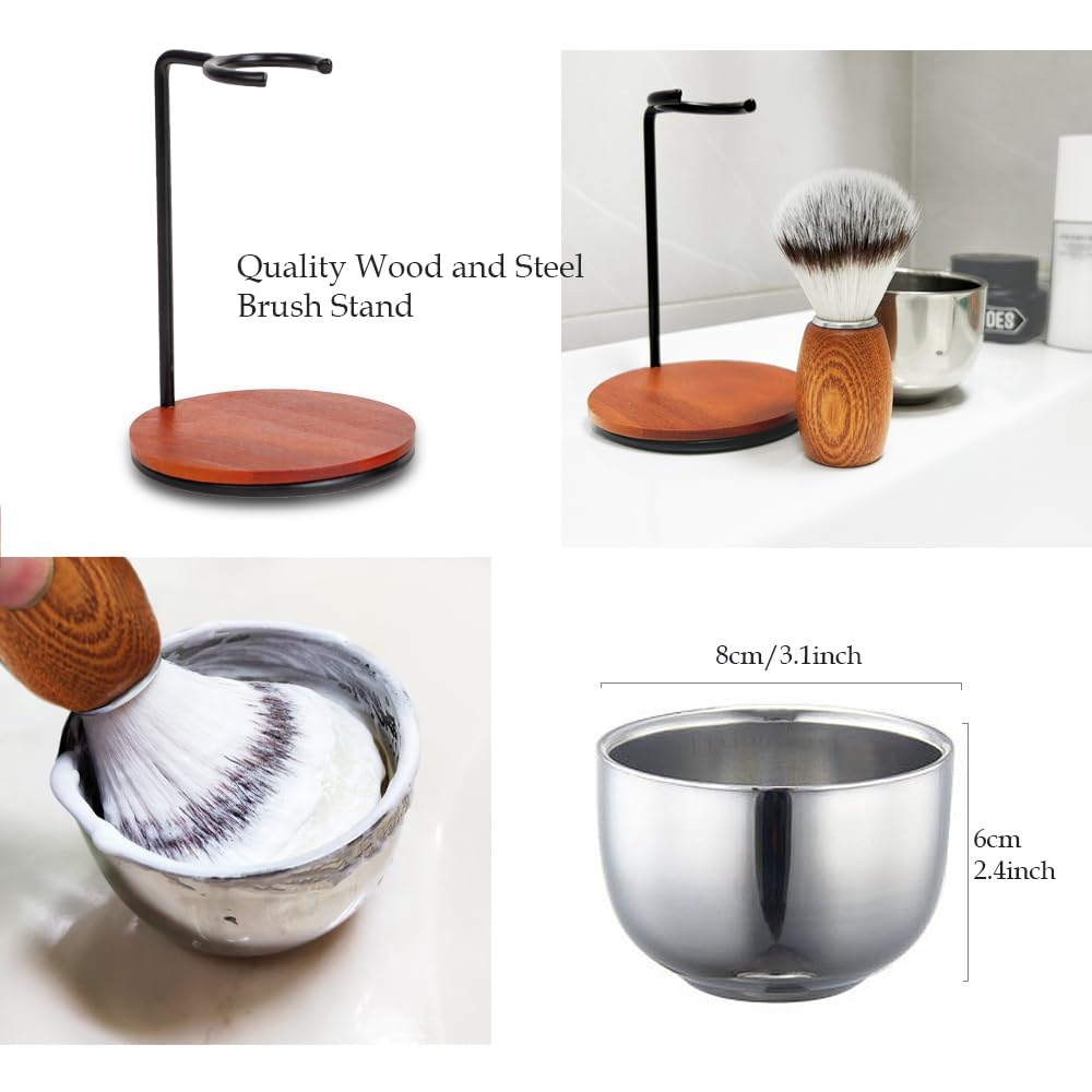 Shaving Brush Set For Men, 4Pcs Wooden Handle Shaving Brush With Shaving Soap, Stand And Steel Bowl