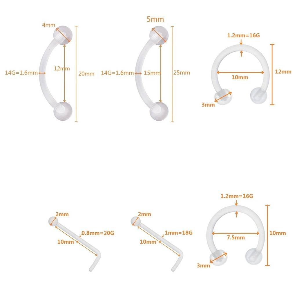 Oasis Plus 22pcs 14G 16G 18G 20G Clear Flexible Bioplast Retainer Navel Belly Ring Eyebrow Tongue Nipple Barbell Nose Lip Labret