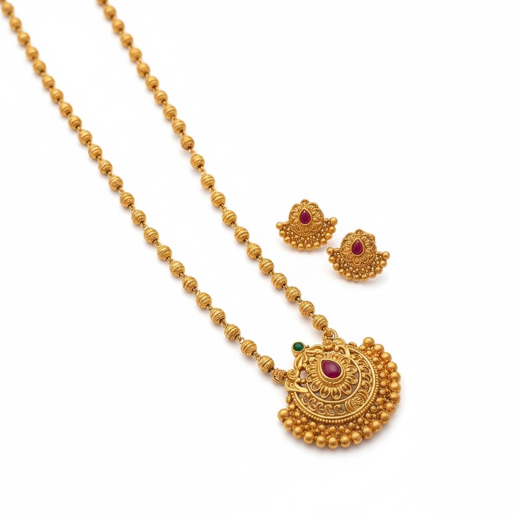 Aaiku Gold Tone Traditional Pendant Necklace With Red And Green Stones, Beaded Chain (Pendant54)
