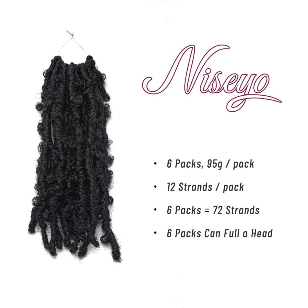 Niseyo 14 Inch Butterfly Locs Crochet Hair 6 Packs Pre Looped Handmade Black Distressed Faux Locs Crochet Braids (1#)