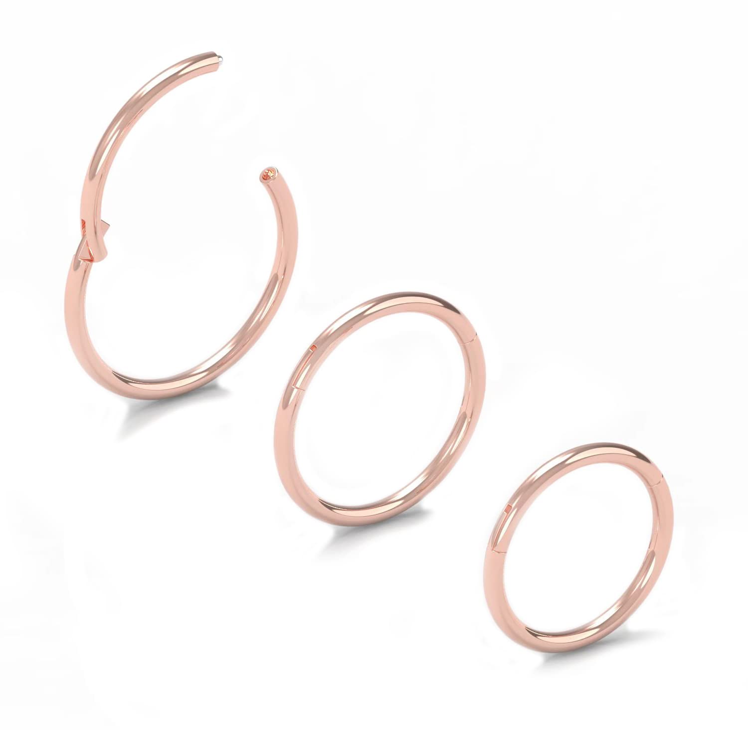 NewkeepsR 3PCS-1.0mm Rose Gold Anodised Hinged Clicker Nose Hoop Rings, 18G 316L Steel Seamless Segment Sleeper Earrings Piercin