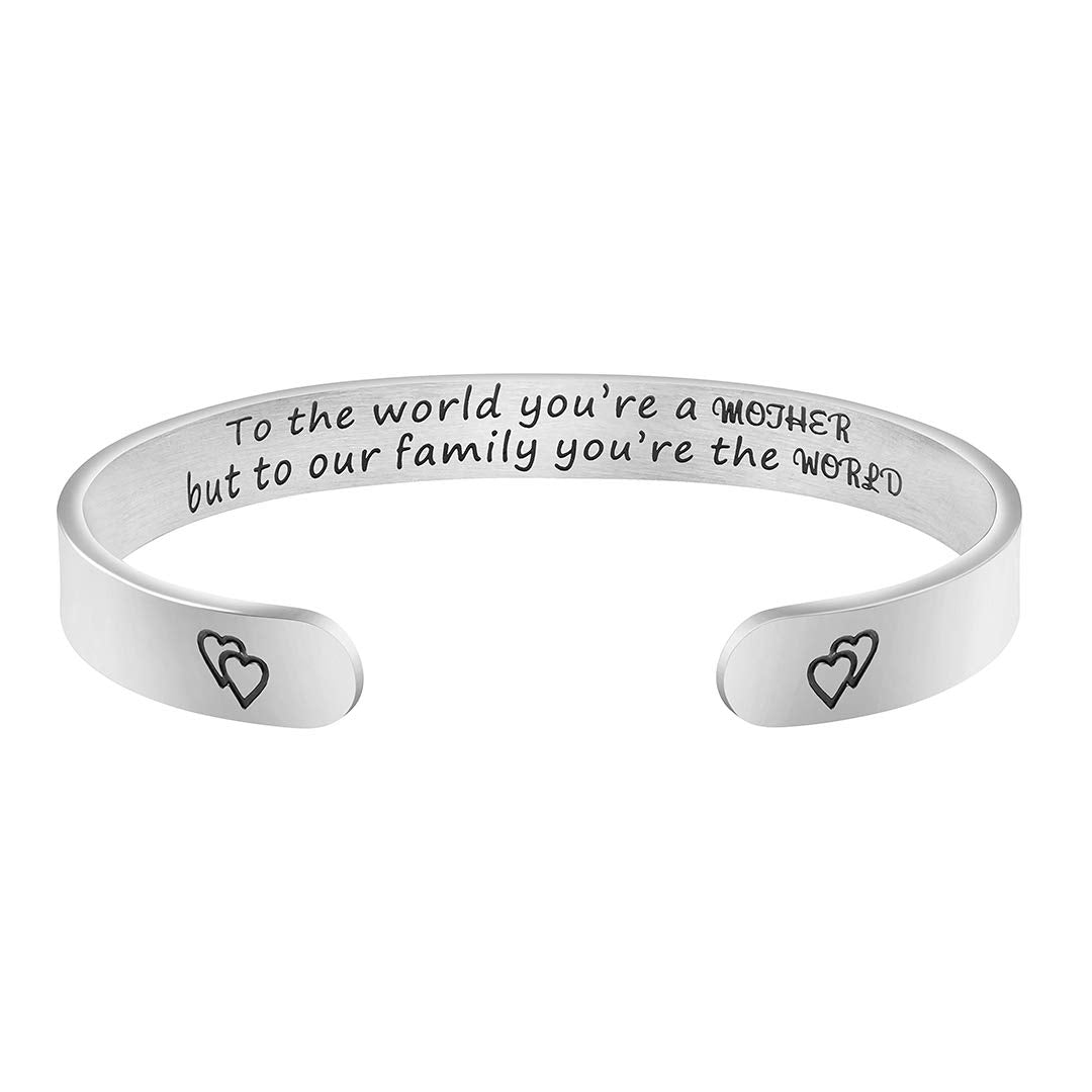 Memgift Bracelet for Mom Mothers Day Christmas Birthday Thanksgiving Day Gifts Cuff 316L Stainless Steel Jewelry To the World Yo