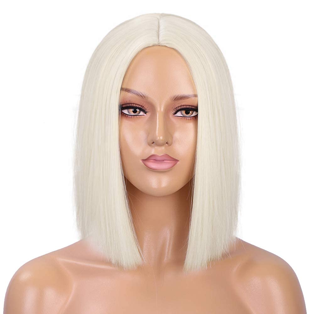 ENTRANCED STYLES Platinum Blonde Wig Straight Hair Short Bob Wigs for Women Middle Part Shoulder Length Synthetic Wig Cosplay Ha