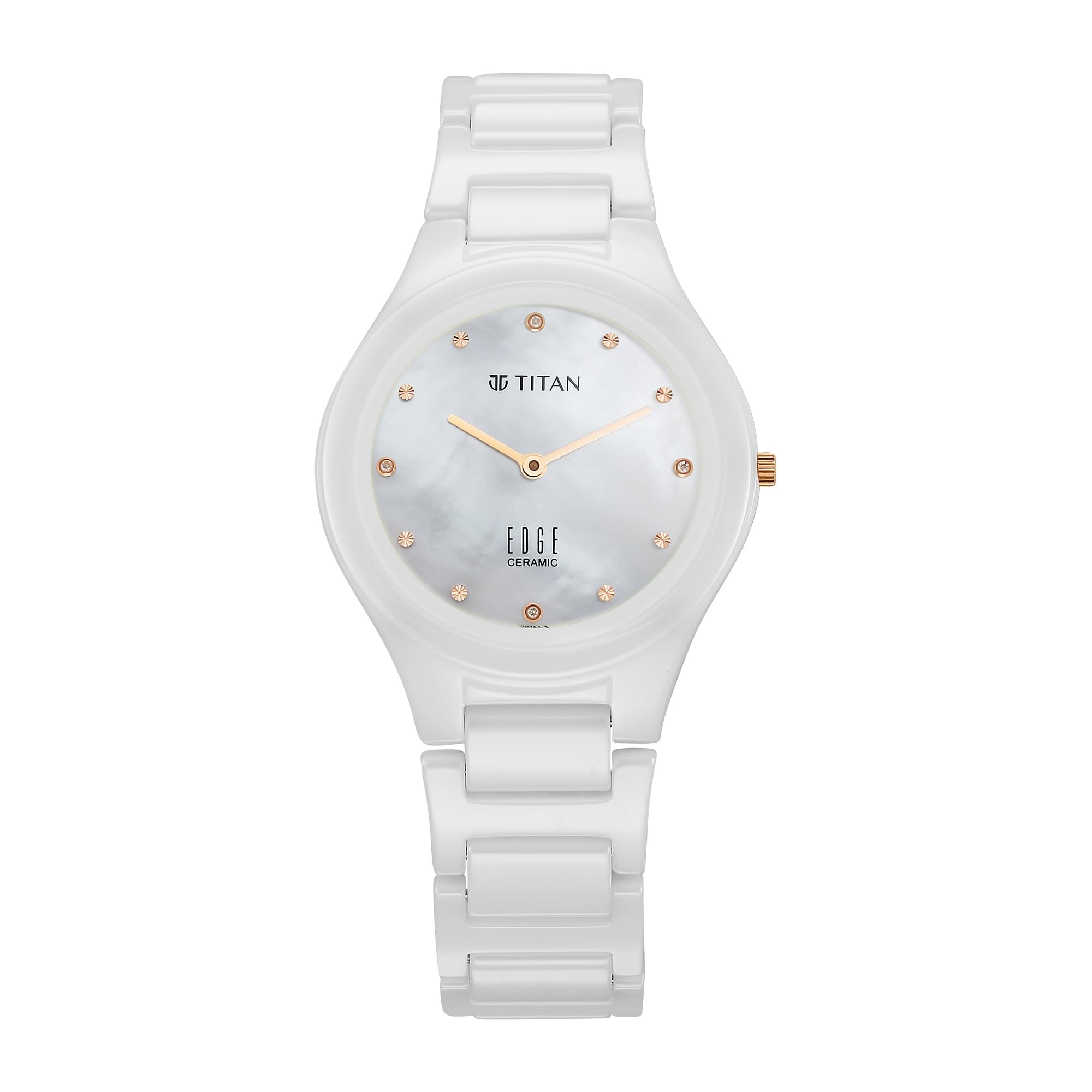 Edge Titan Ceramic Dress with Diamonds Quartz Analog Ceramic Strap Watch for Women, White, Modern