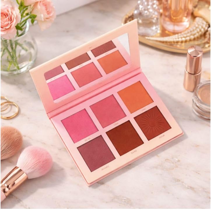 B Inik Blush Palette, 6 Shade MultiColor Face Makeup, Pressed Powder With Mirror, 40G